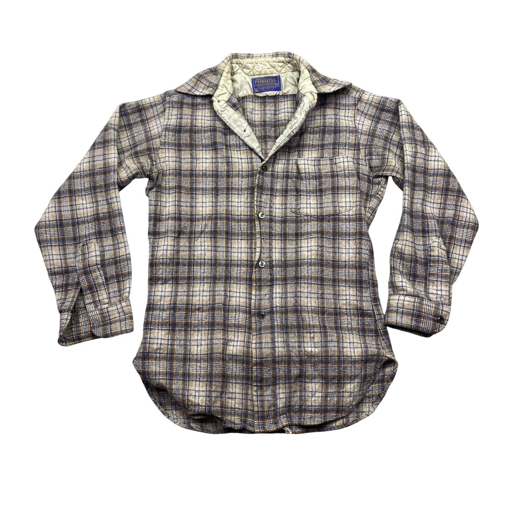 Vintage Pendleton Wool Flannel Shirt Plaid Tan Blue Brown Women Small USA Made